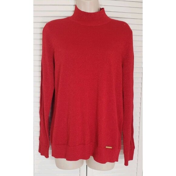 NWT MICHAEL MICHAEL KORS SPARKLY RED MOCK NECK LATTICE DETAIL SLEEVE SWEATER... - Picture 2 of 8